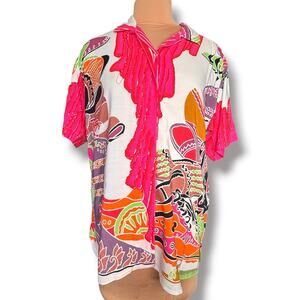 Vintage Naga By Milo Hand Print Beaded Bali Rayon Tunic Top Medium Shoe Print